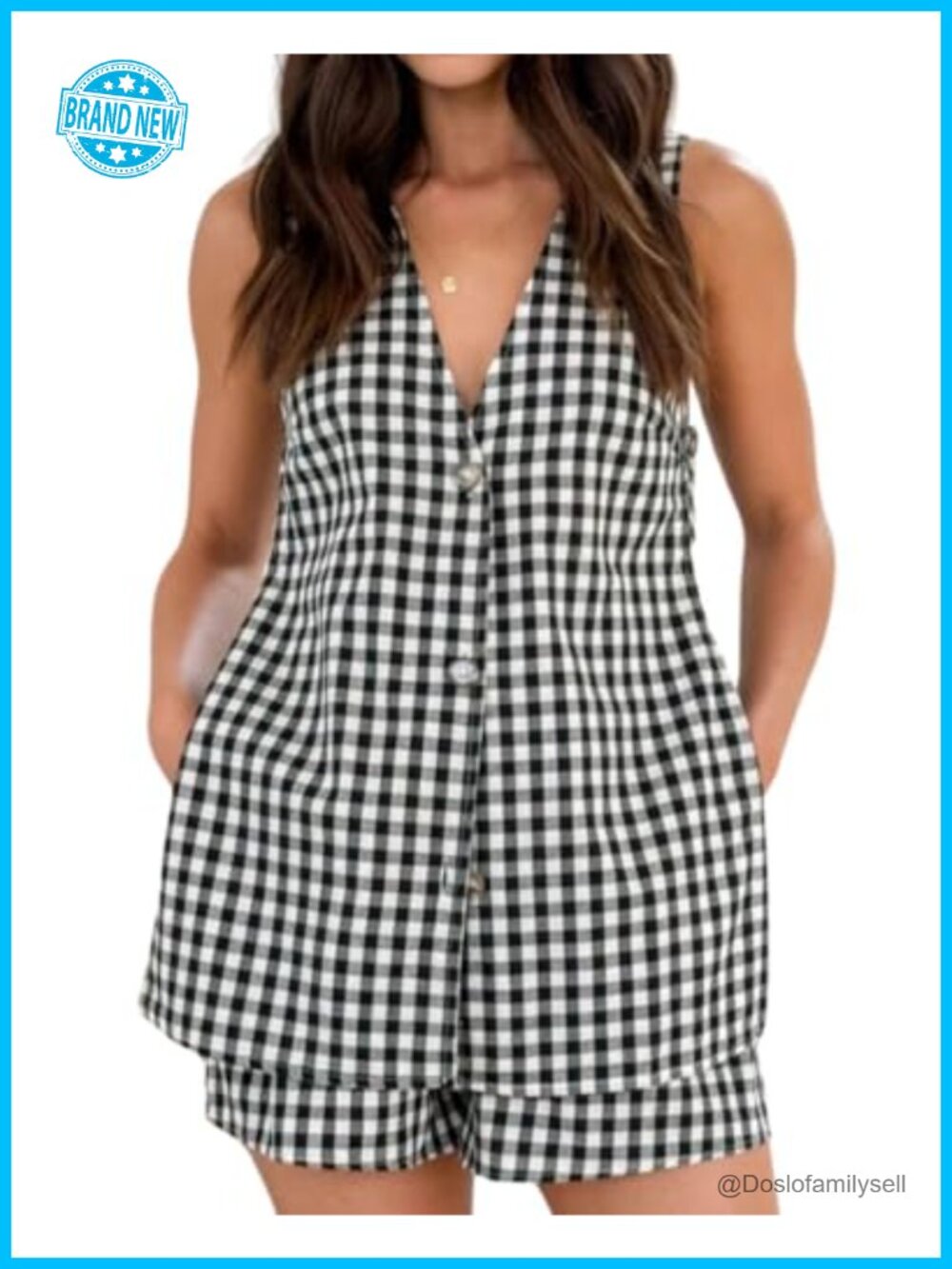 Women's 2 Piece Gingham Vest and Shorts Matching Set Cotton Sleeveless Summer